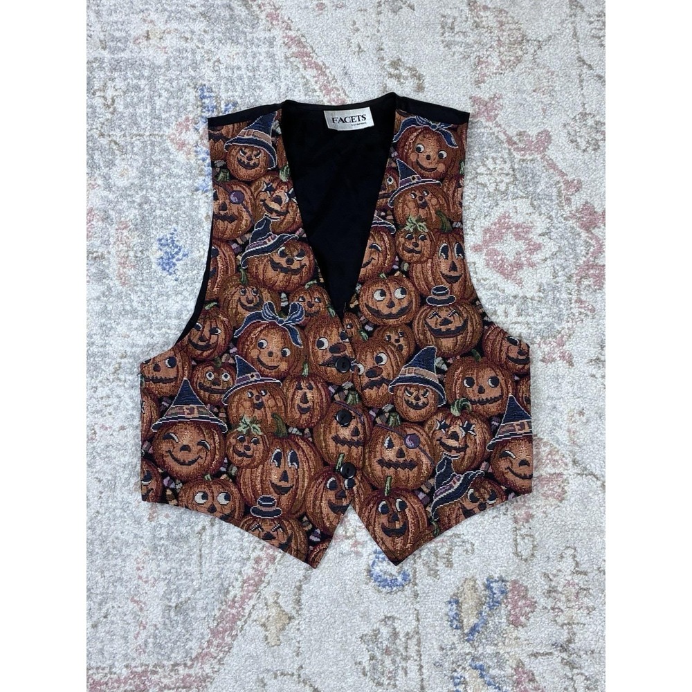 Vintage 90s Facets Halloween Pumpkin Tapestry Vest M Cute Boho Witchy Goth
